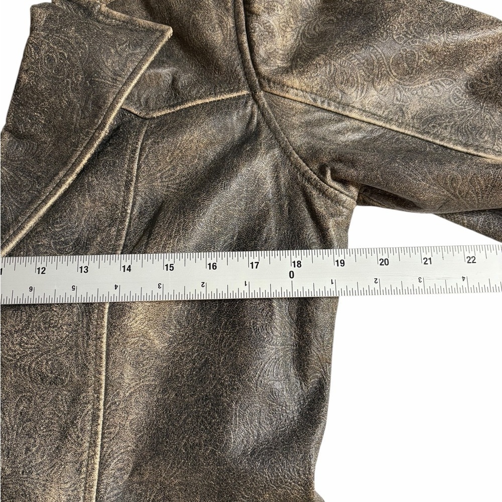 QUE Faux Leather Blazer Jacket – Vintage Distressed Bronze Paisley - Medium - Picture 6 of 11